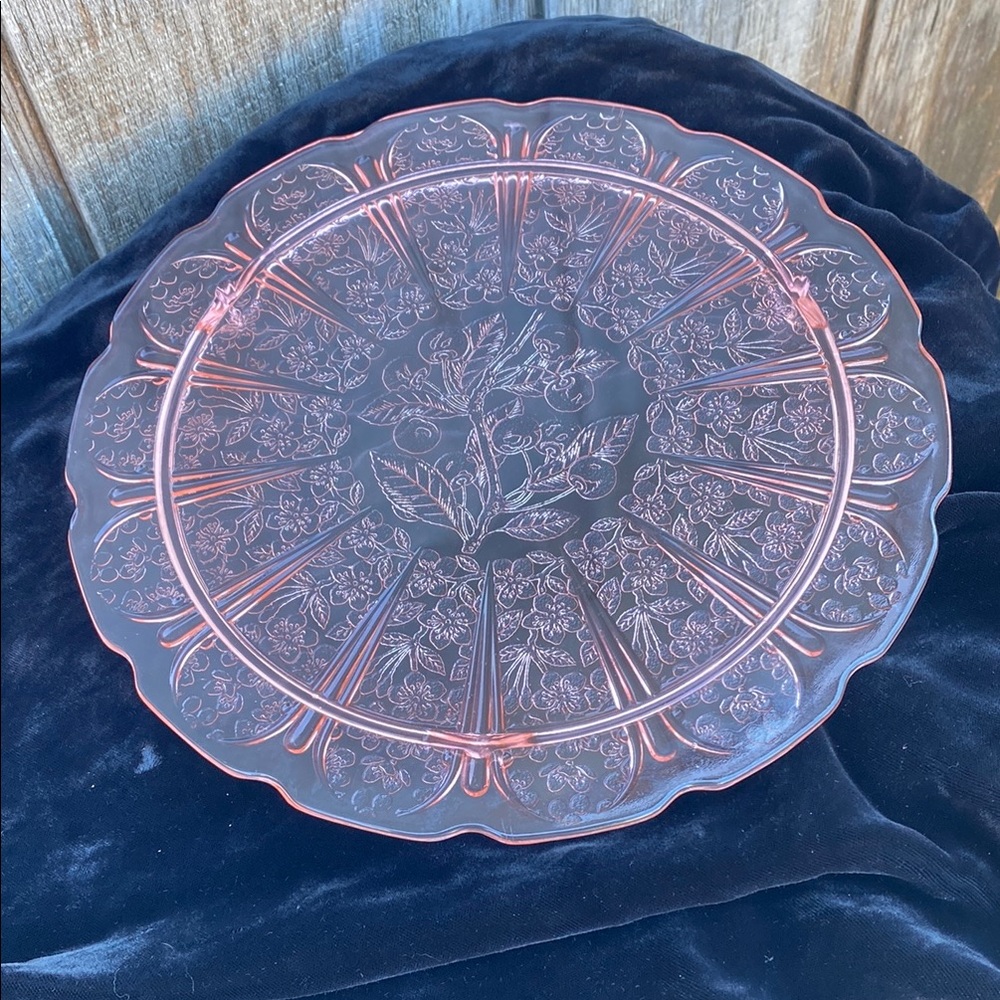 Rare Vintage Jeanette Glass Depression Glass Cake Plate Cherry & Floral Etching